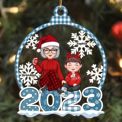 Blue Pattern Snowflake Cute Grandma Grandkids Sitting On 2023 Personalized Wooden Ornament
