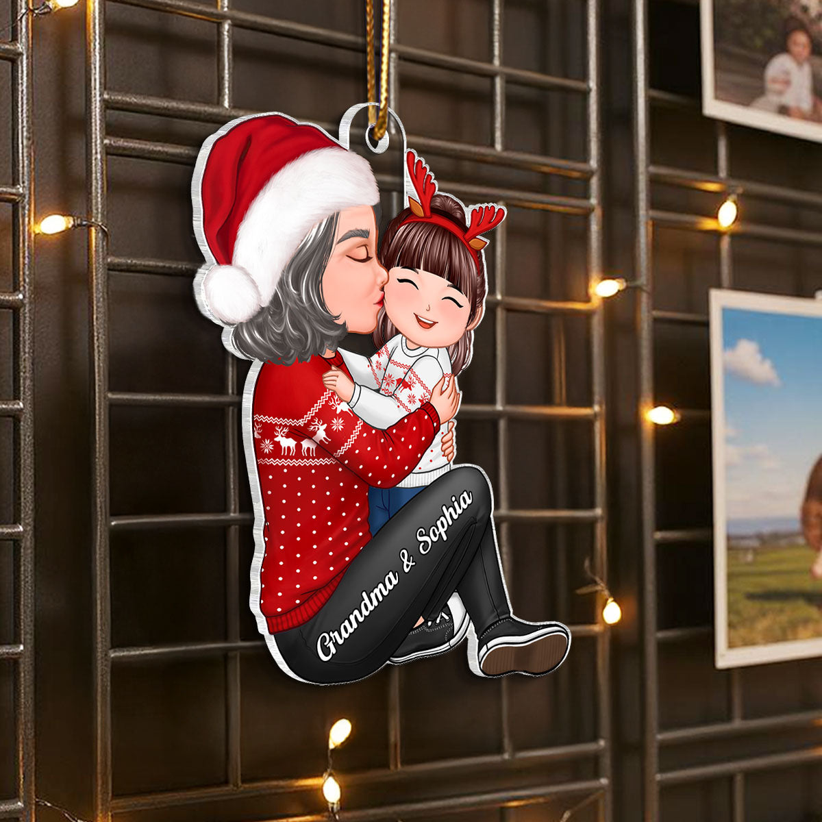 Christmas Grandma Kissing Grandkid - Personalized Acrylic Ornament - Heartwarming Gift For Granddaughter Grandson