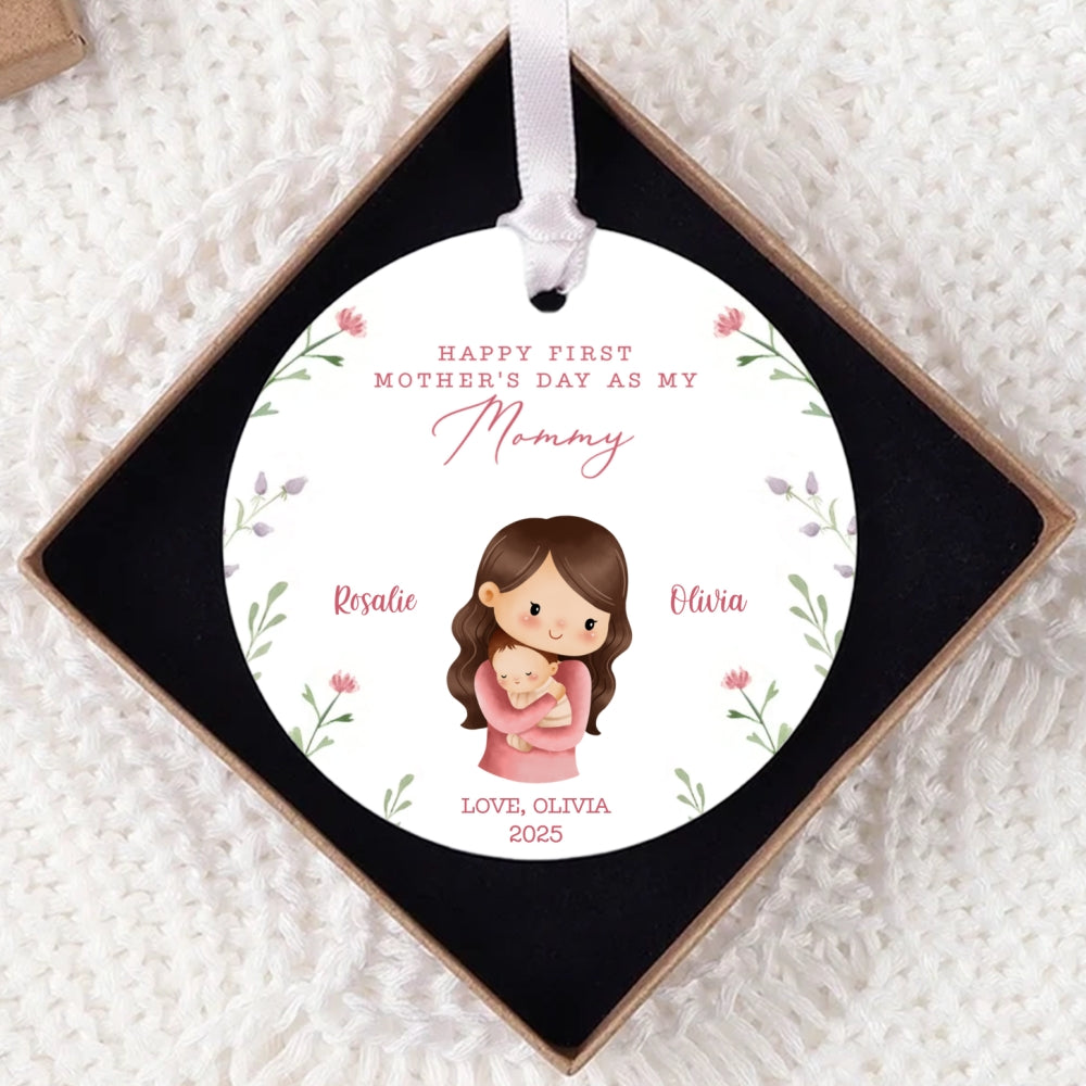 Watercolor Cute Mom Grandma Baby Happy First Mother's Day Personalized Circle Ceramic Ornament