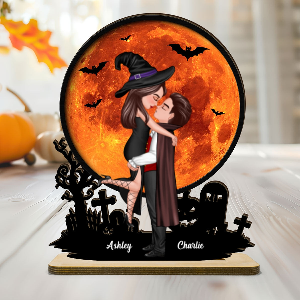 Couple Hugging Under Halloween Moon Tabletop Tier Tray Decor Personalized 2-Layer Standing Wooden Plaque