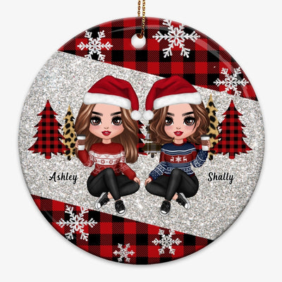 Checkered Pattern Snowflake Doll Sisters Besties Personalized Circle Ornament