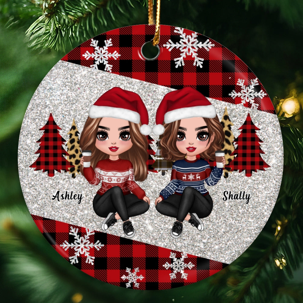 Checkered Pattern Snowflake Doll Sisters Besties Personalized Circle Ornament