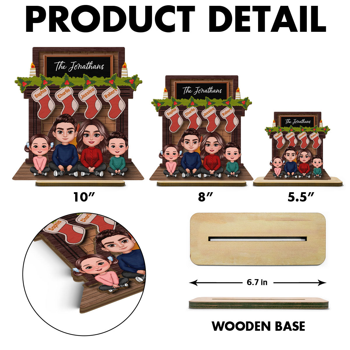 Whole Family Sitting At Christmas Fireplace Personalized 2-Layer Standing Wooden Plaque