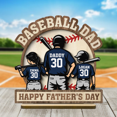 Baseball Family Back View Personalized 2-Layered Standing Wooden Plaque, Father's Day gift for Dad, for Husband