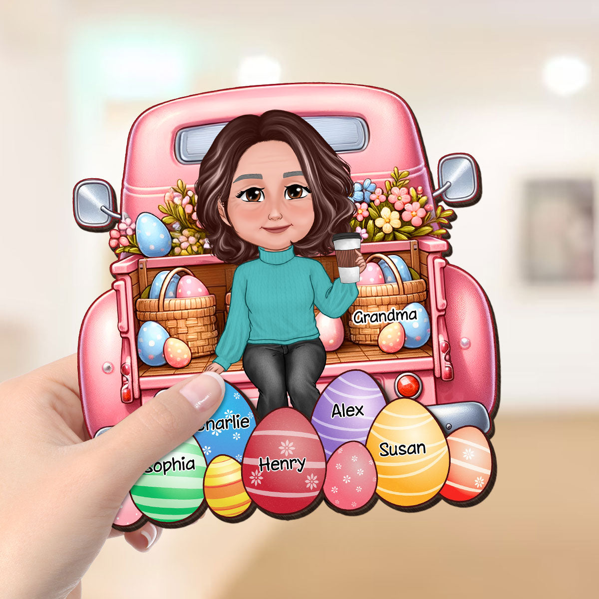 Easter Mom Grandma Sitting On Truck Eggs Grandkids Names Personalized 2-Layer Wooden Plaque
