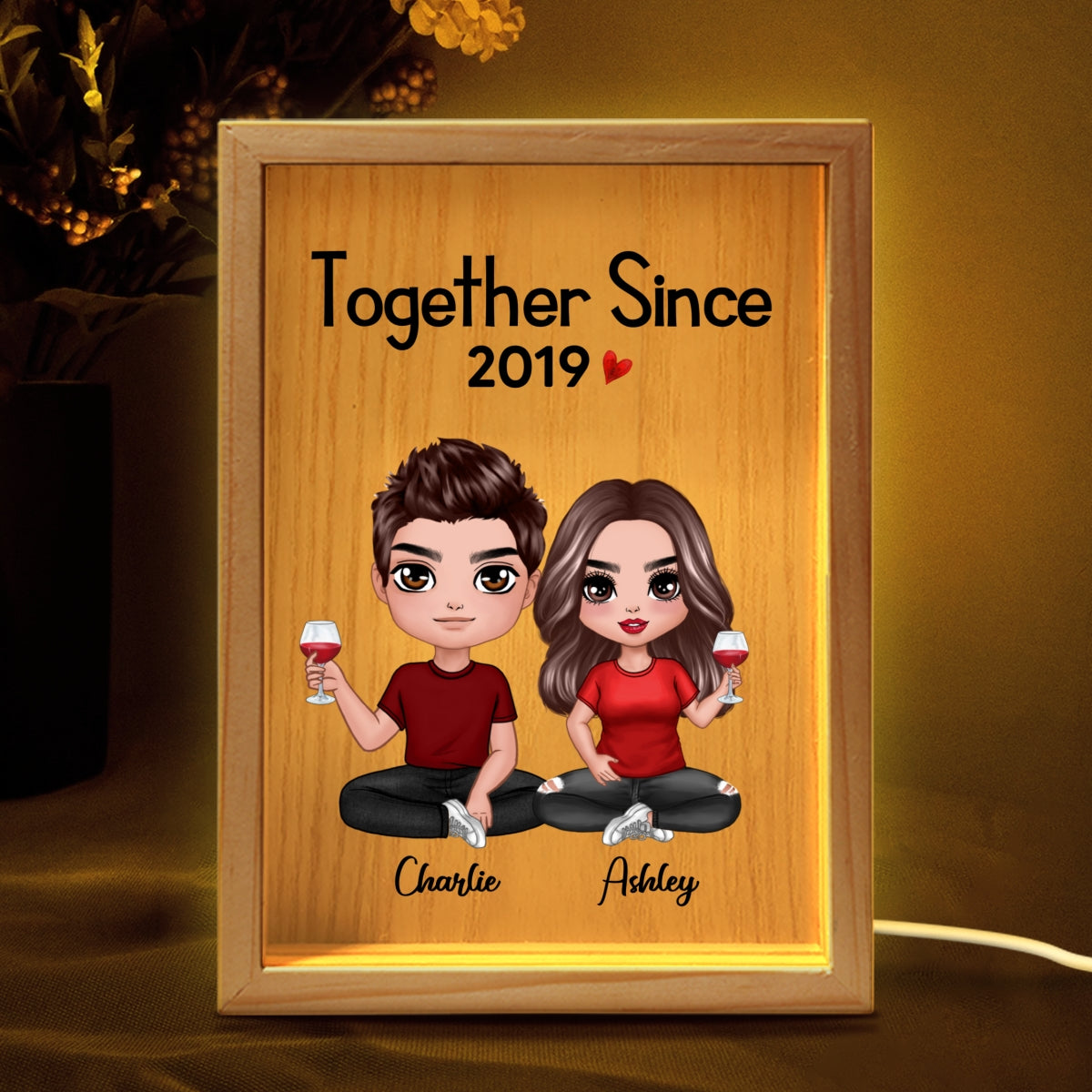 Doll Couple Sitting Gift For Him Gift For Her Personalized Wooden Frame Light Box