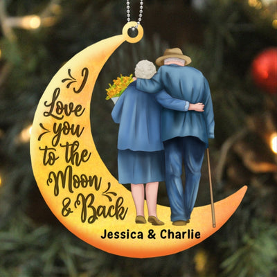 Old Couple On Moon Personalized Christmas Wooden Ornament