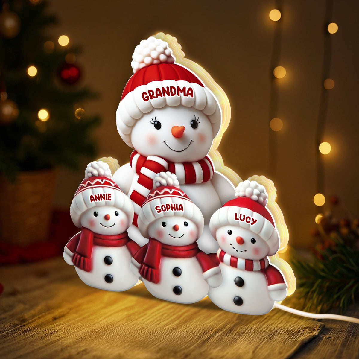 3D Effect Cute Snowman Grandma & Grandkids - Personalized Light Box - Christmas Decor For Family, Grandma