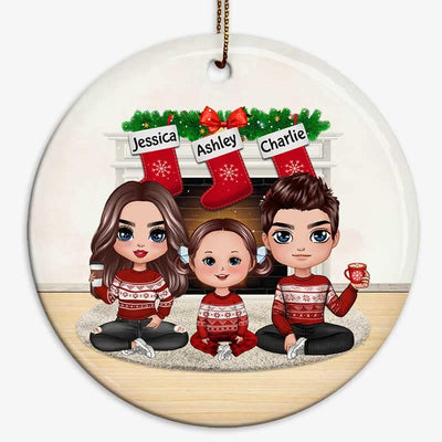 Doll Family Sitting At Fireplace Christmas Personalized Circle Ornament