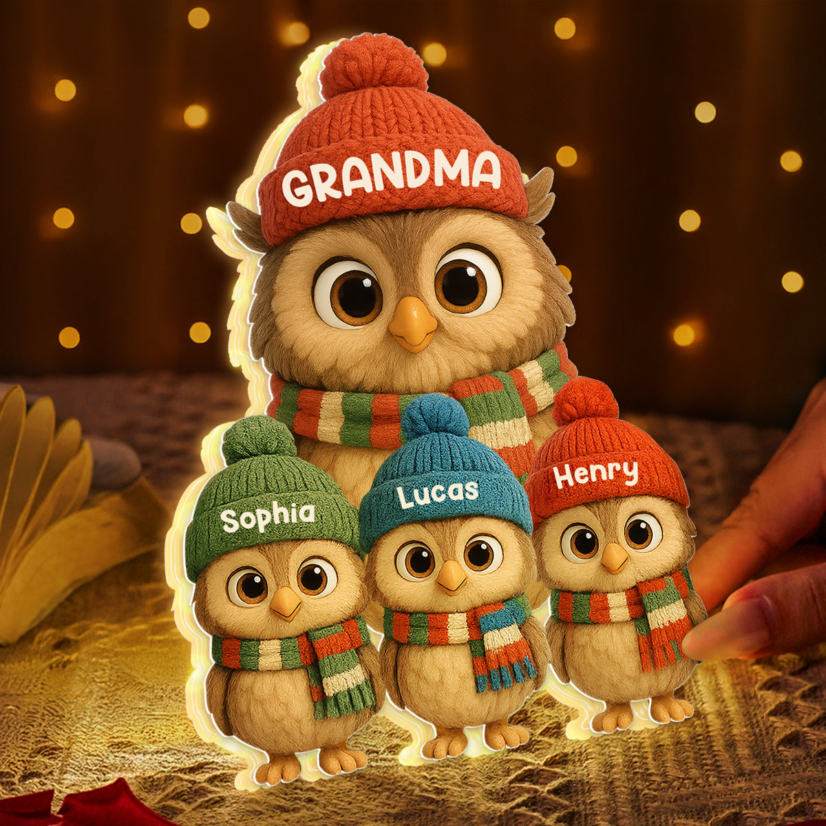 3D Effect Heartwarming Christmas Owls Grandma Grandkids - Personalized Light Box