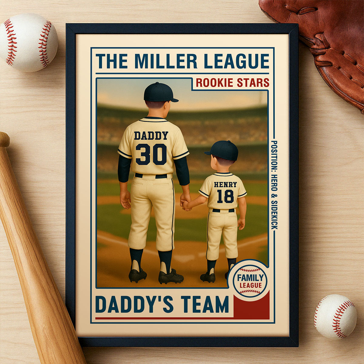 Family League Daddy's Team No. 1 Dad Man & Kids Baseball Retro Personalized Poster, Father's Day Gift for Dad, Gift for Husband
