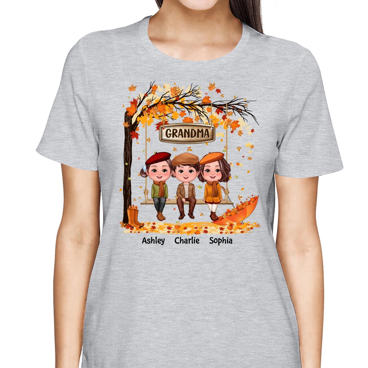 Fall Season Kids Sitting On Swing Grandma Mom Personalized Shirt