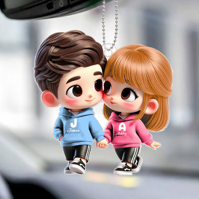 3D Effect Cute Cartoon Couple Holding Hands - Personalized Acrylic Car Hanger - Unique Valentine's Day Gift For Him, Gift For Her