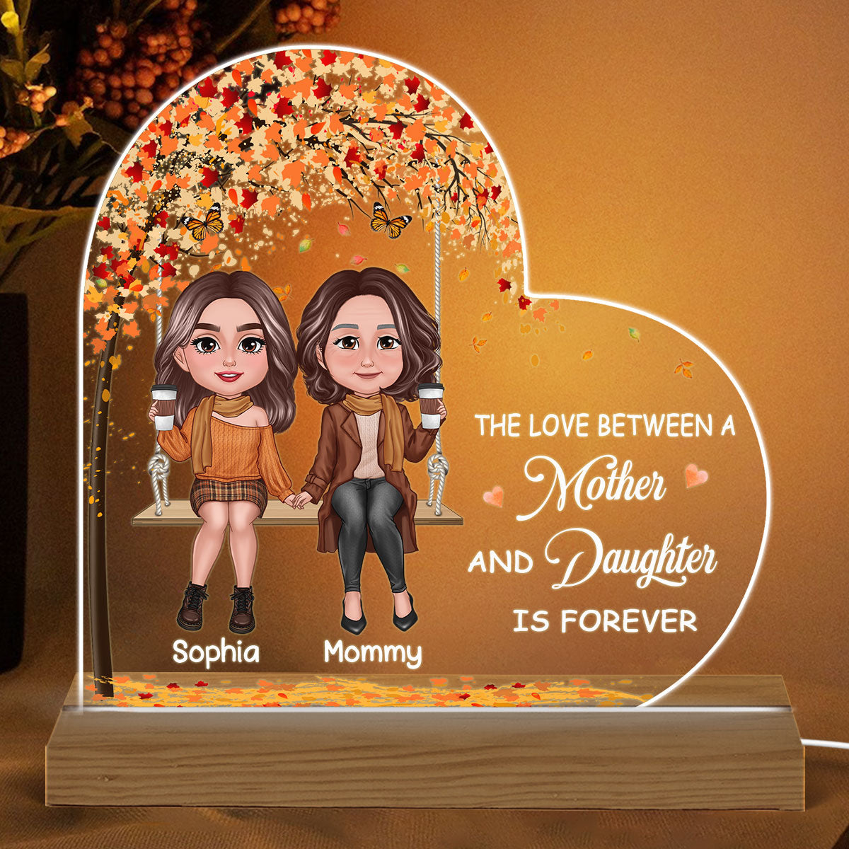 Fall Season Mother Daughters Sitting On Swing Personalized Custom Shape Acrylic LED Night Light