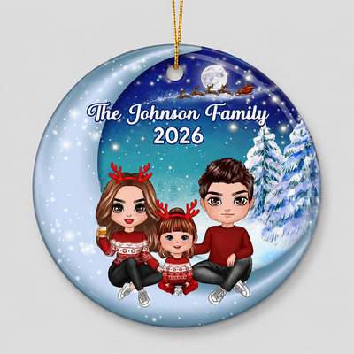 Family Sitting On Moon Winter Personalized Christmas Circle Ornament