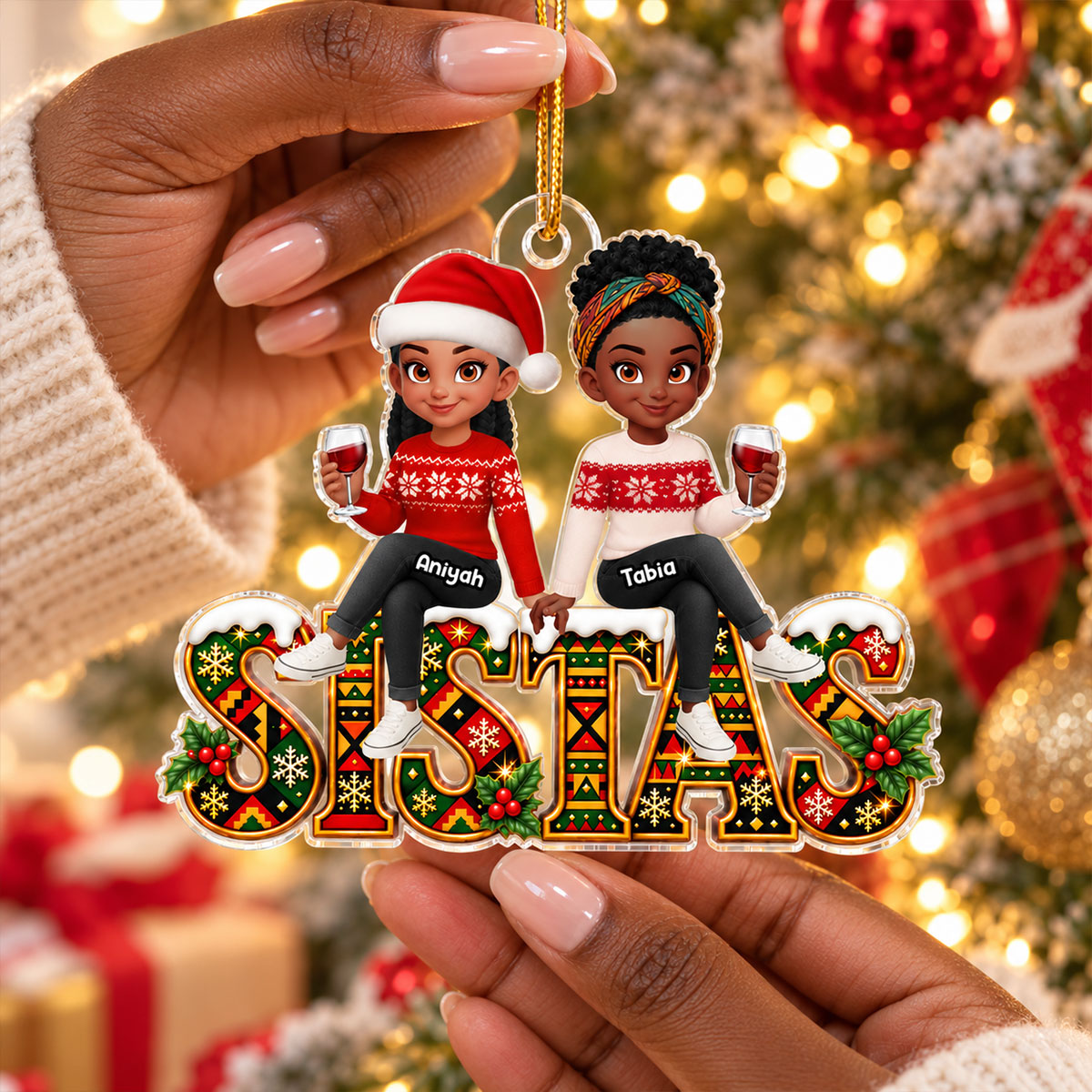 Besties Sisters Sistas Forever Tribal Pattern - Personalized Acrylic Ornament - Christmas Gift For Best Friends