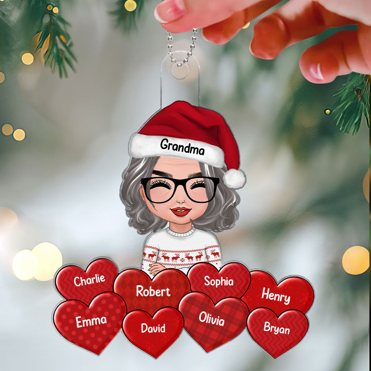 Doll Grandma Crossed Arms Grandkids Names In Hearts Christmas Gift Personalized Acrylic Ornament