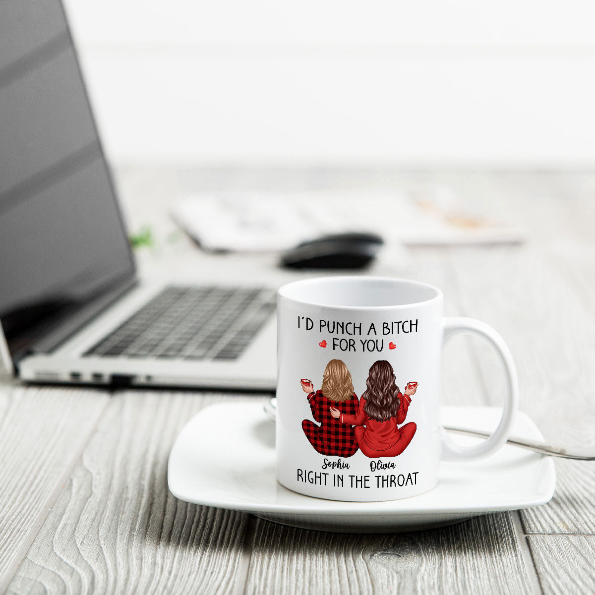 I'd Punch A Bitch For You Back View Pajamas Besties Personalized Mug, Christmas Funny Gift For Best Friends, BFF