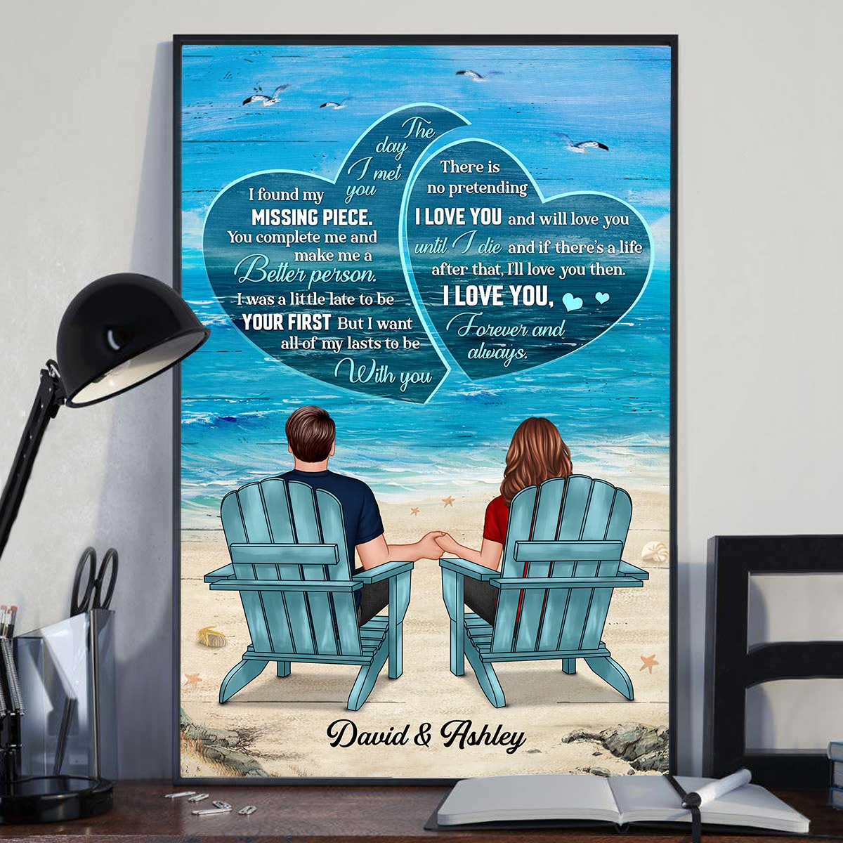 Couple Back View Sitting At Beach Text In Hearts Personalized Vertical Poster