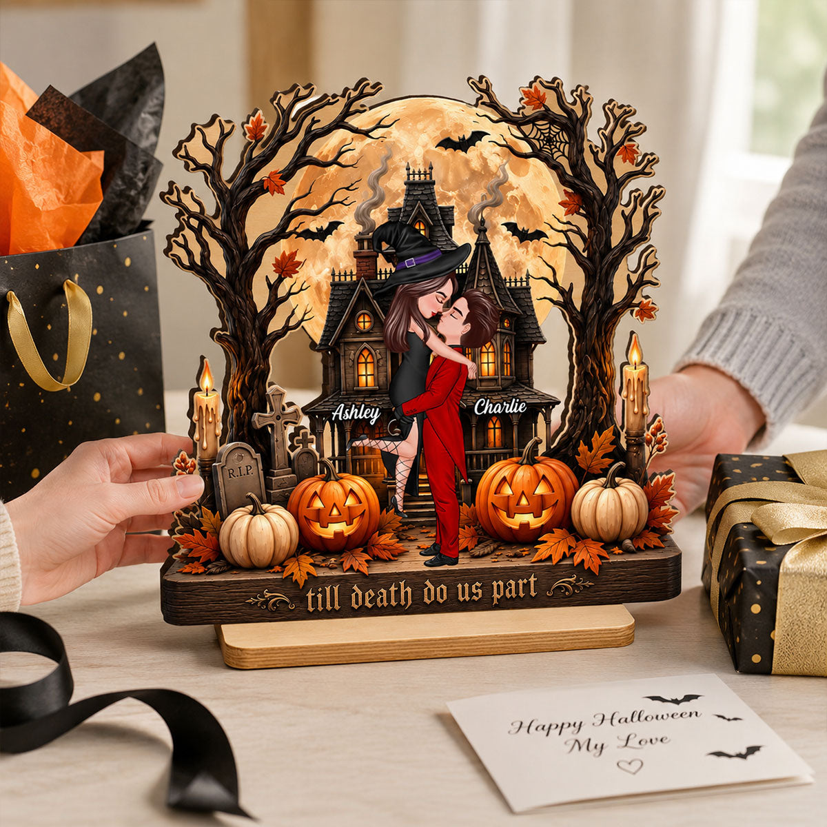 Couple Haunted House Ghost - Personalized 2-Layered Wooden Plaque - Halloween Decor Gift, Gift For Couple