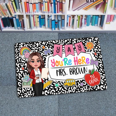 Yay You're Here Composition Book Pattern Personalized Doormat, Back To School Gift