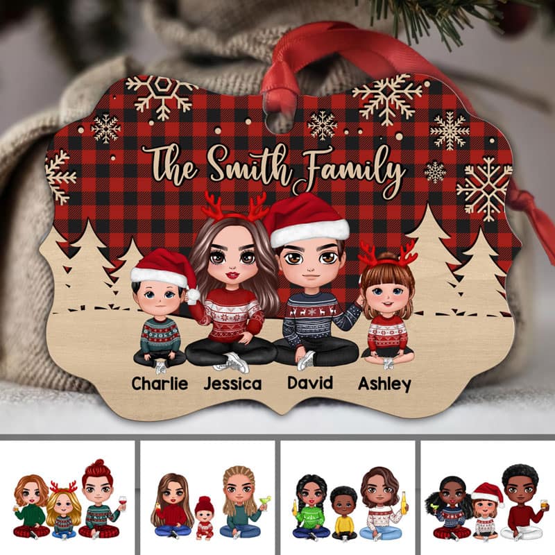 Checkered Pattern Doll Family Sitting Personalized Christmas Ornament