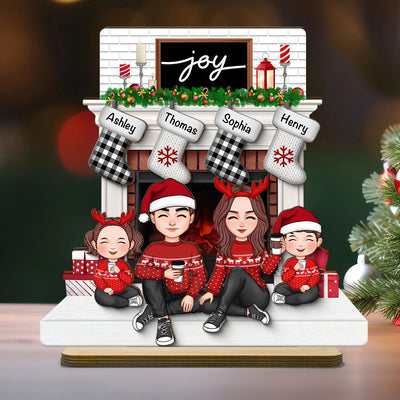 Cute Family Dad Mom Kids Sitting At Christmas Fireplace Personalized 2-Layer Standing Wooden Plaque
