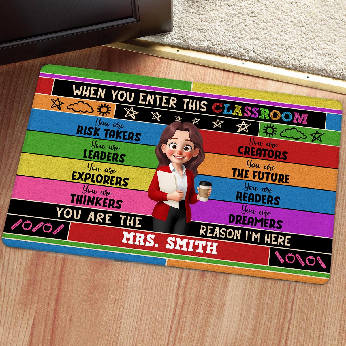 Cute Cartoon Teacher In This Classroom Colorful Personalized Doormat