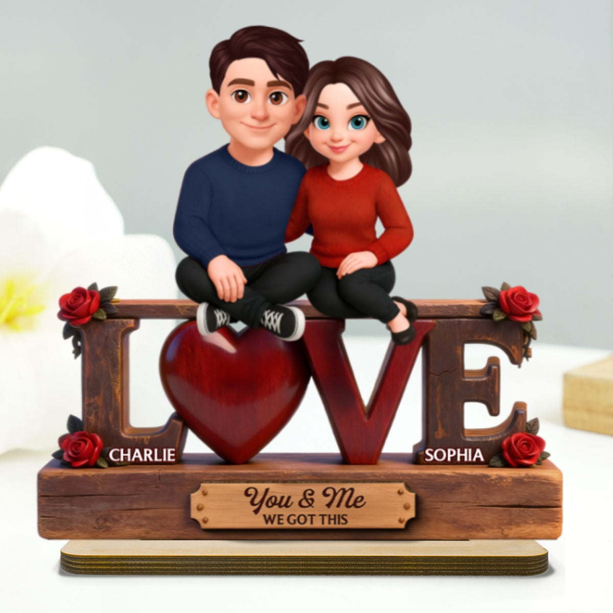 Roses LOVE Couple Sitting Embracing - Personalized 2-Layered Wooden Plaque - Valentine's Day Gift For Couple, For Him, For Her
