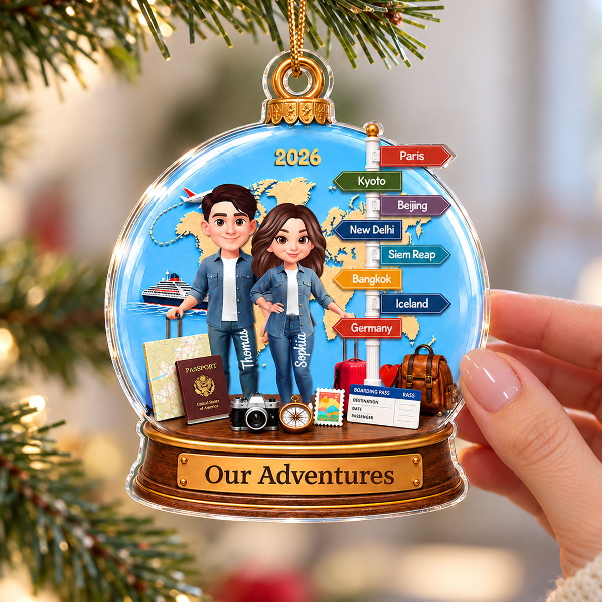 Couple Traveling Destination Travel Adventure 2D Flat - Personalized Acrylic Ornament - Christmas Keepsake, Couple Travelling Gifts