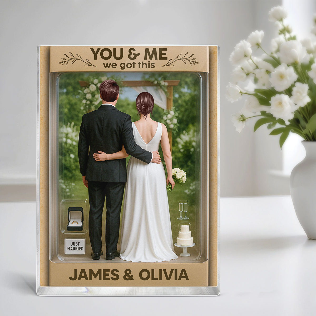 Bride & Groom Couple Realistic Figures Style Garden Wedding Theme Personalized Acrylic Block Plaque, Wedding Gift, Newlyweds Gift