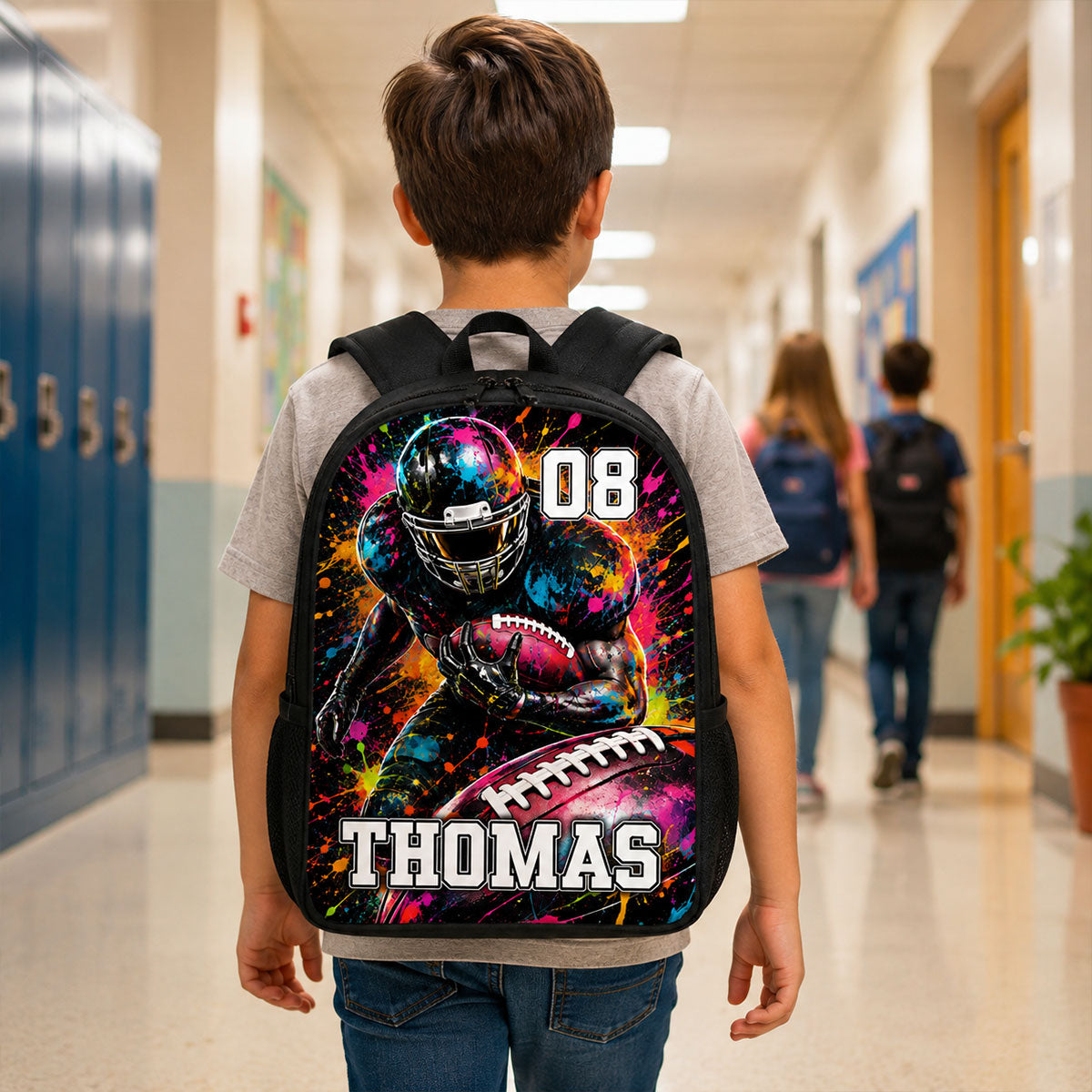 Watercolor Splash American Football Custom Name & Number - Personalized Backpack - Back To School Gift For Football Lovers, Kid Boy, Son, Grandson