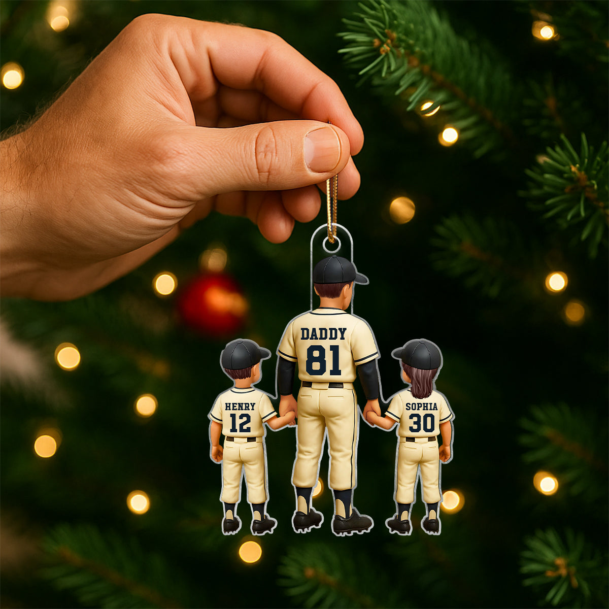 Baseball Father Holding Son Daughter Hand Personalized Acrylic Ornament, Christmas Gift for Baseball Dad