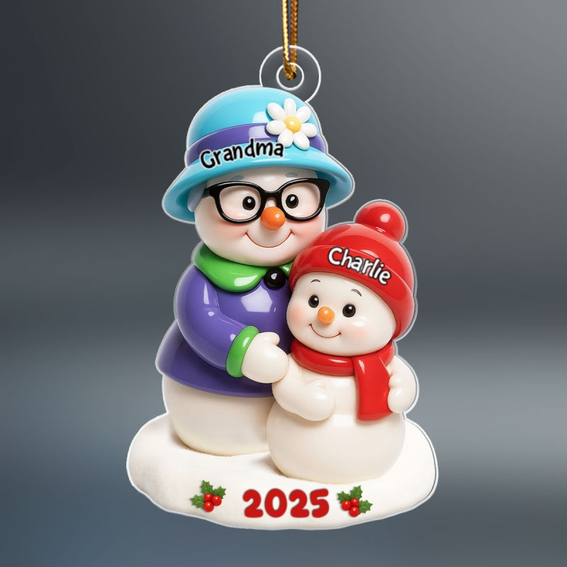 Snowman Grandma Hugging Grandkids 3D Effect Personalized Acrylic Ornament, Christmas Gift for Granddaughter, Grandson, Grandma