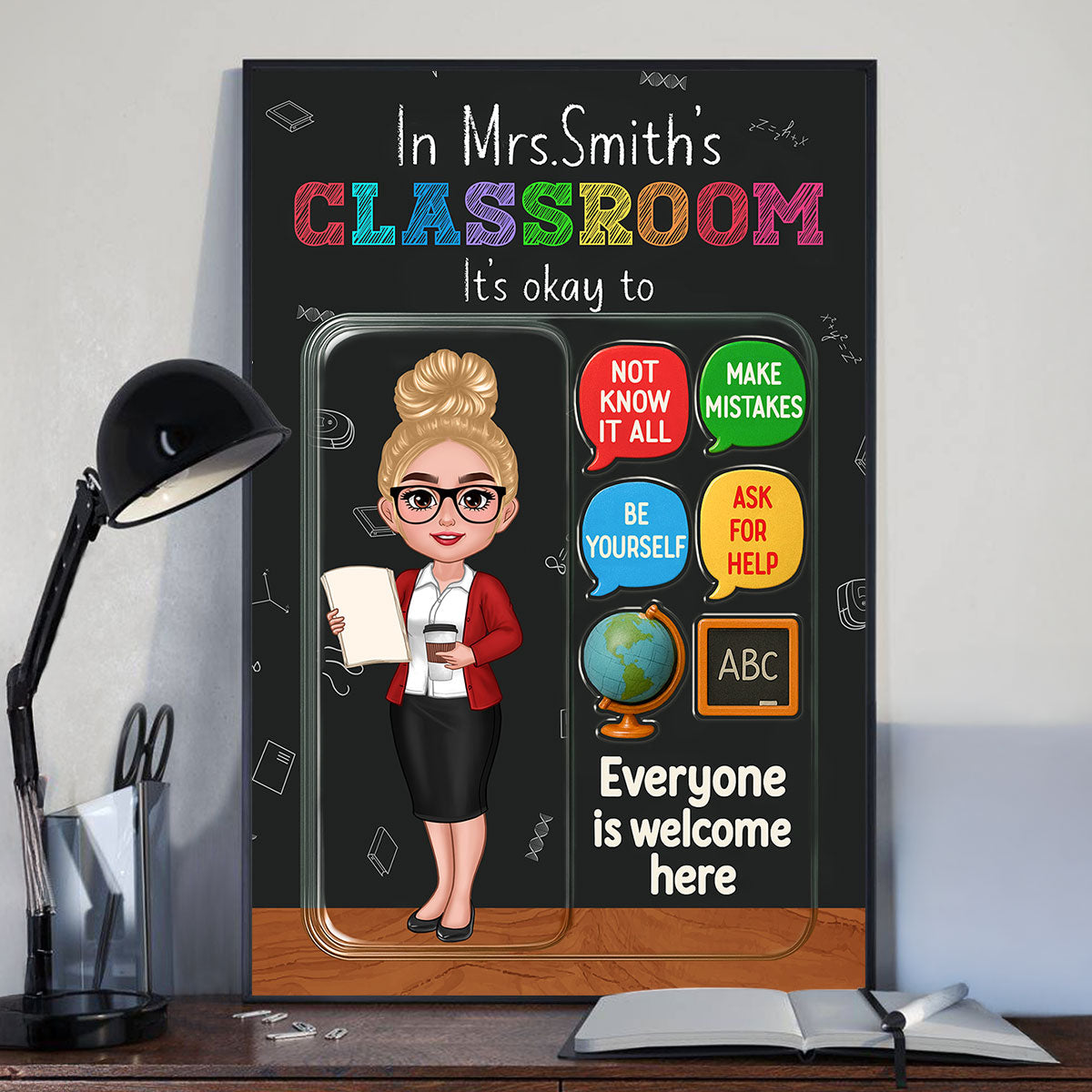 In Teacher Classroom 3D Effect Action Figure Personalized Poster, Back to School Gift for Teachers