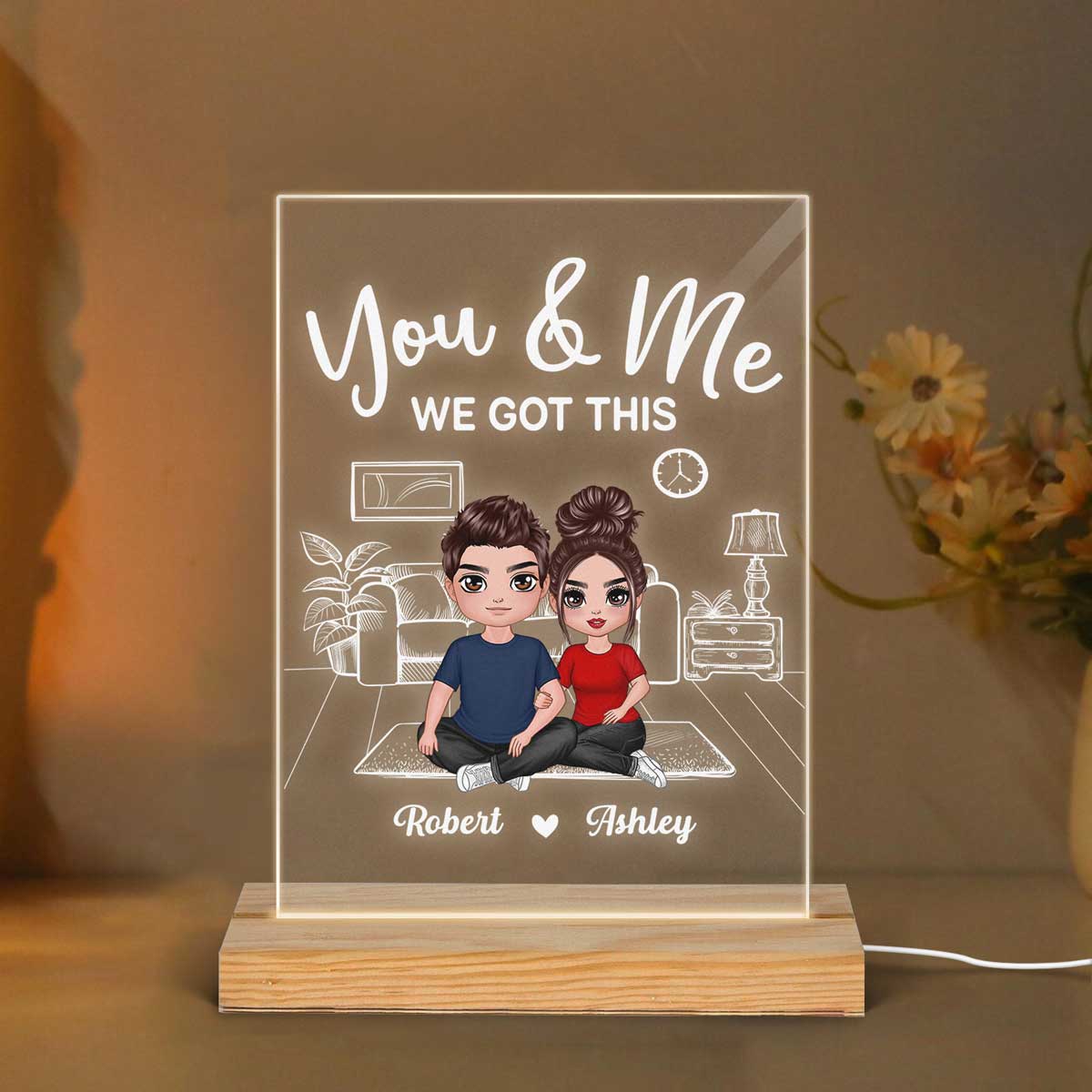 Doll Couple Sitting In House Outline Sketch Personalized Plaque LED Night Light