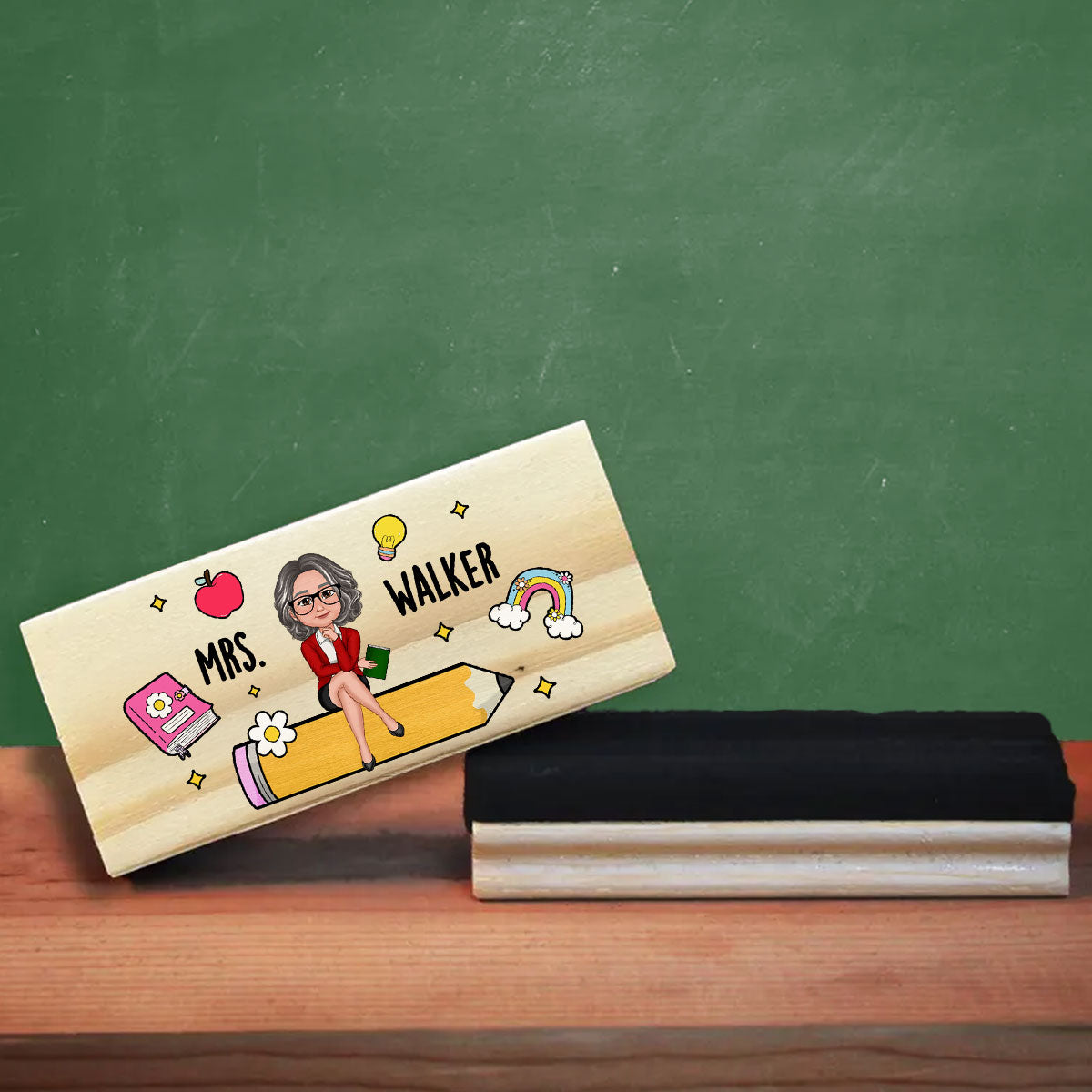 Teacher Sitting on Pencil Personalized Teacher Whiteboard Eraser, Custom Teacher Appreciation Gifts, Chalkboard Eraser with Marker
