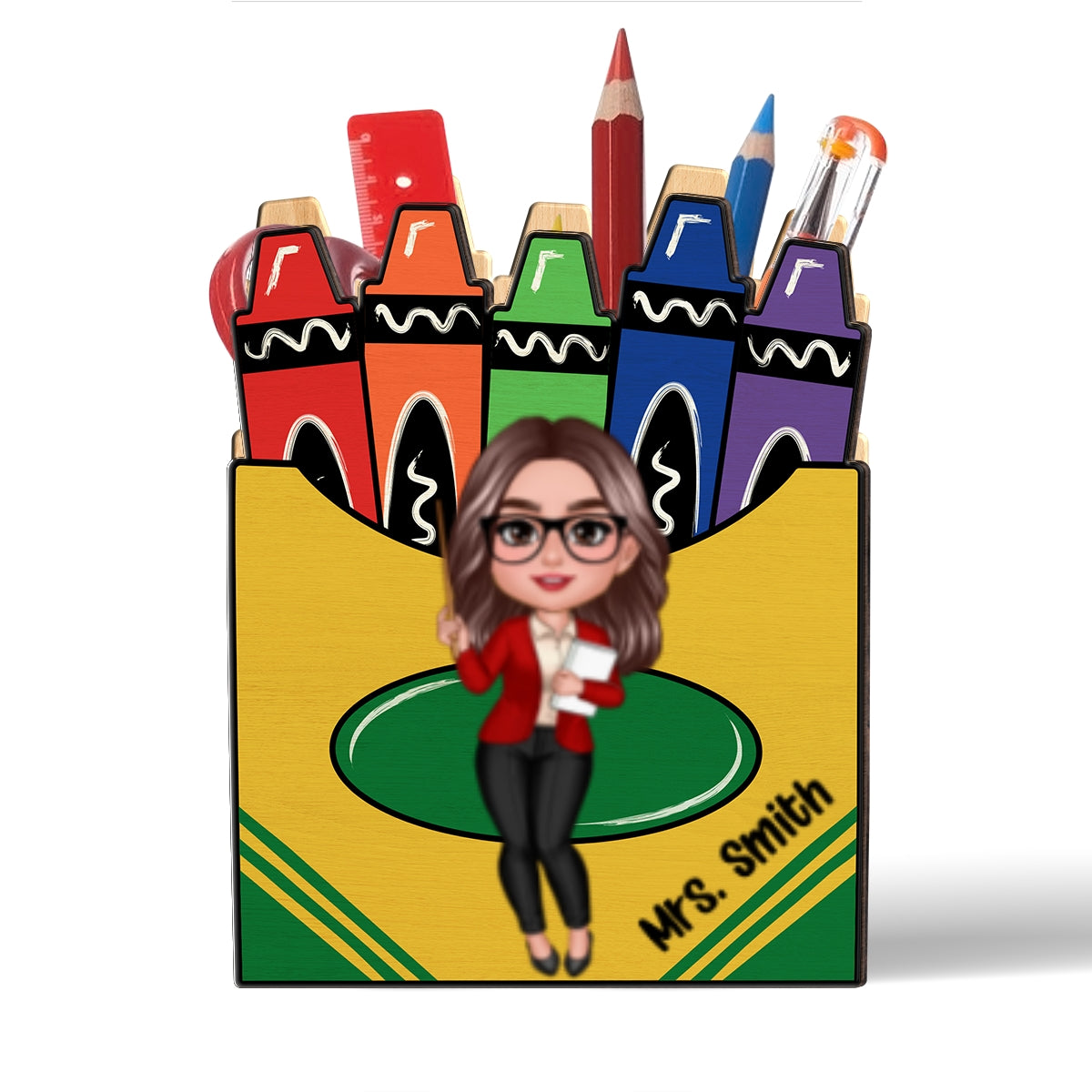 Doll Teacher Crayon Box Personalized Pen Pencil Holder, Back To School Gift