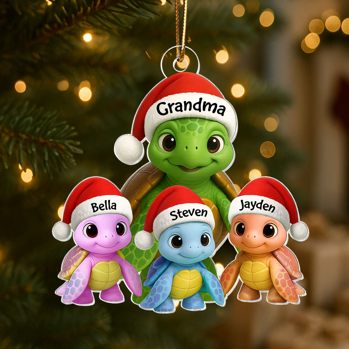 3D Effect Cute Christmas Sea Turtles Grandma And Grandkids - Personalized Acrylic Ornament