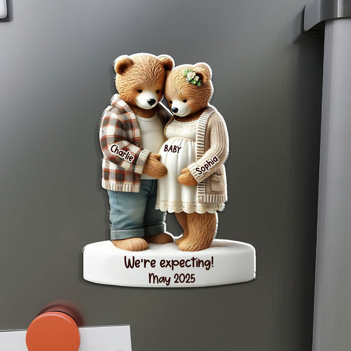 3D Effect Bear Couple Expecting New Baby Pregnancy Announcement Keepsake Personalized Acrylic Fridge Magnet