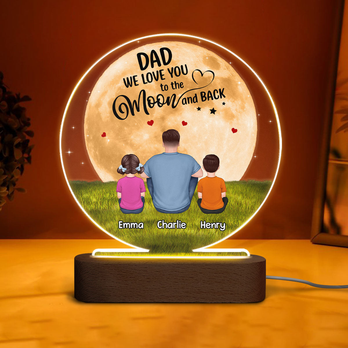 Dad We Love You To The Moon And Back Back View Man Sitting With Kids Dogs Cats Personalized Circle Acrylic Plaque LED Night Light