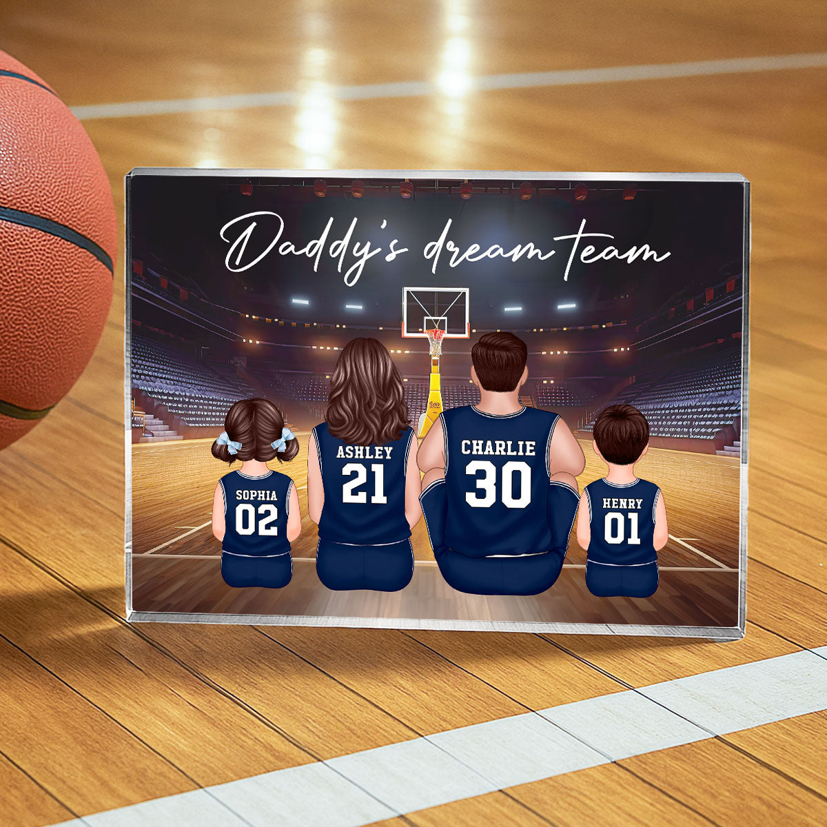 Daddy's Team Basketball Family Sitting Personalized Acrylic Block, Unique Father's Day Gift for Dad, Gift for Husband