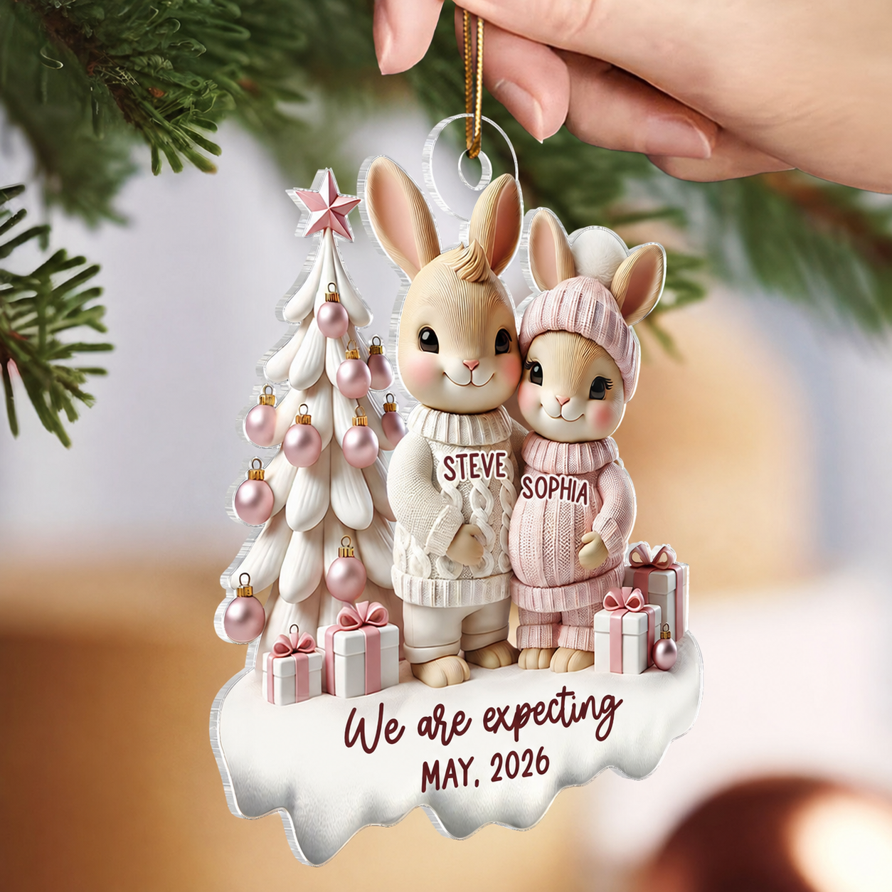 3D Effect Bunny Couple Pregnant Expecting New Baby Christmas Personalized Acrylic Ornament, Pregnancy Announcement Keepsake