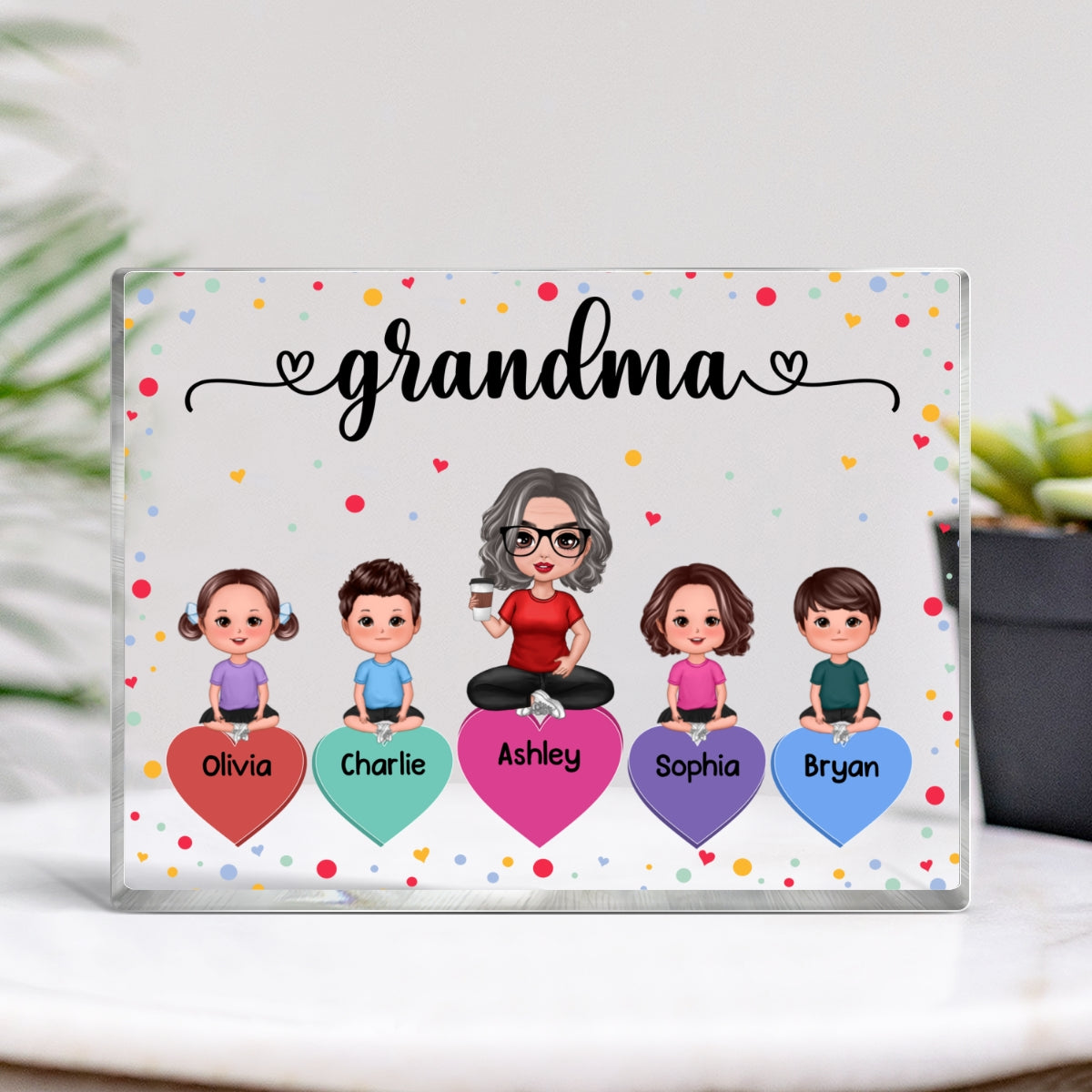 Doll Grandma Grandkids Sitting On Hearts Personalized Rectangle Acrylic Block Plaque