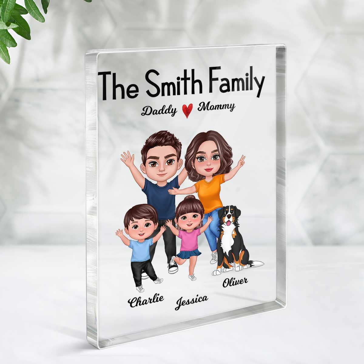 Happy Doll Pretty Whole Family Couple Kids Dogs Cats Personalized Vertical Rectangle Acrylic Block Plaque