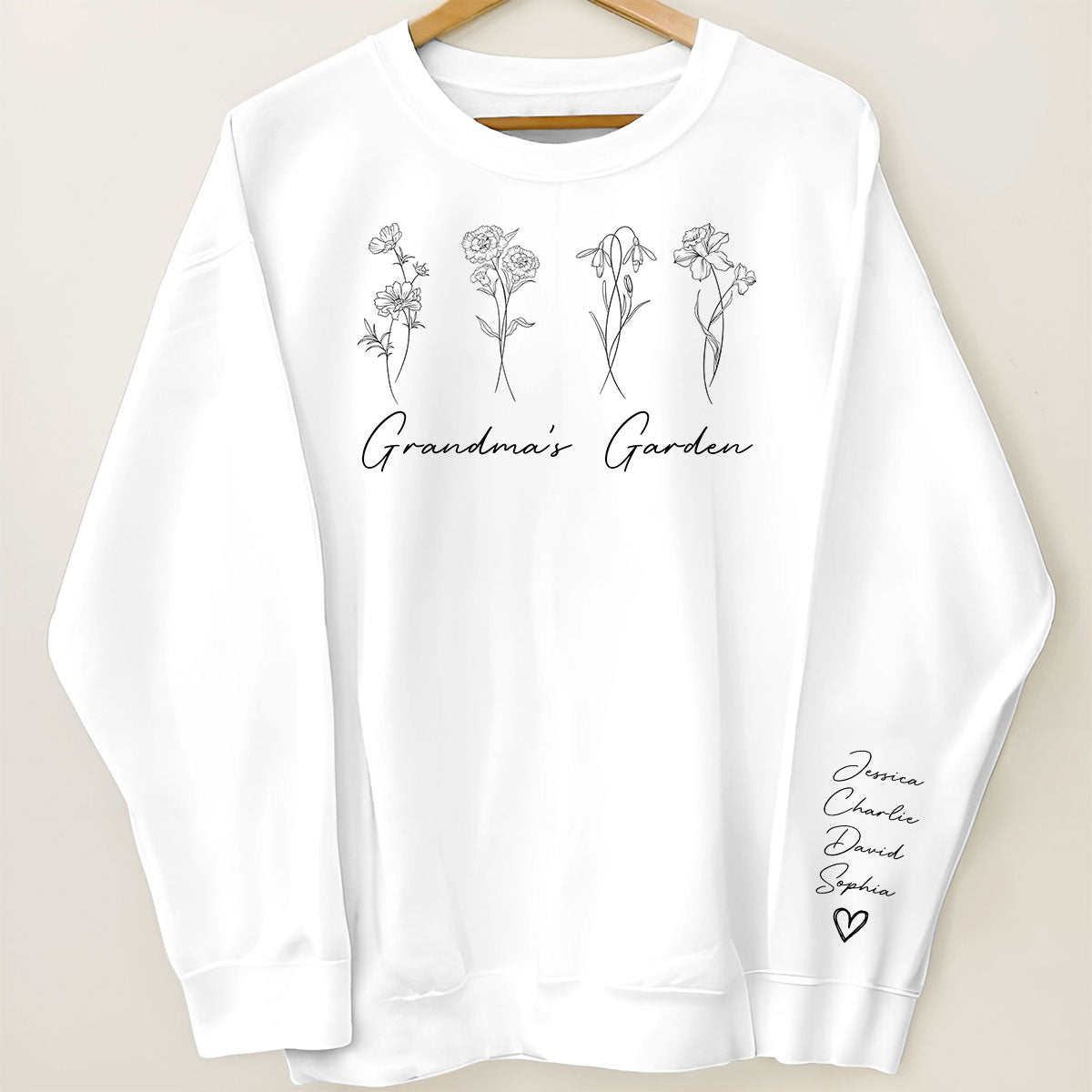 Outline Birth Month Flowers Personalized Sleeve Printed Sweatshirt, Gift For Mom Grandma Aunt