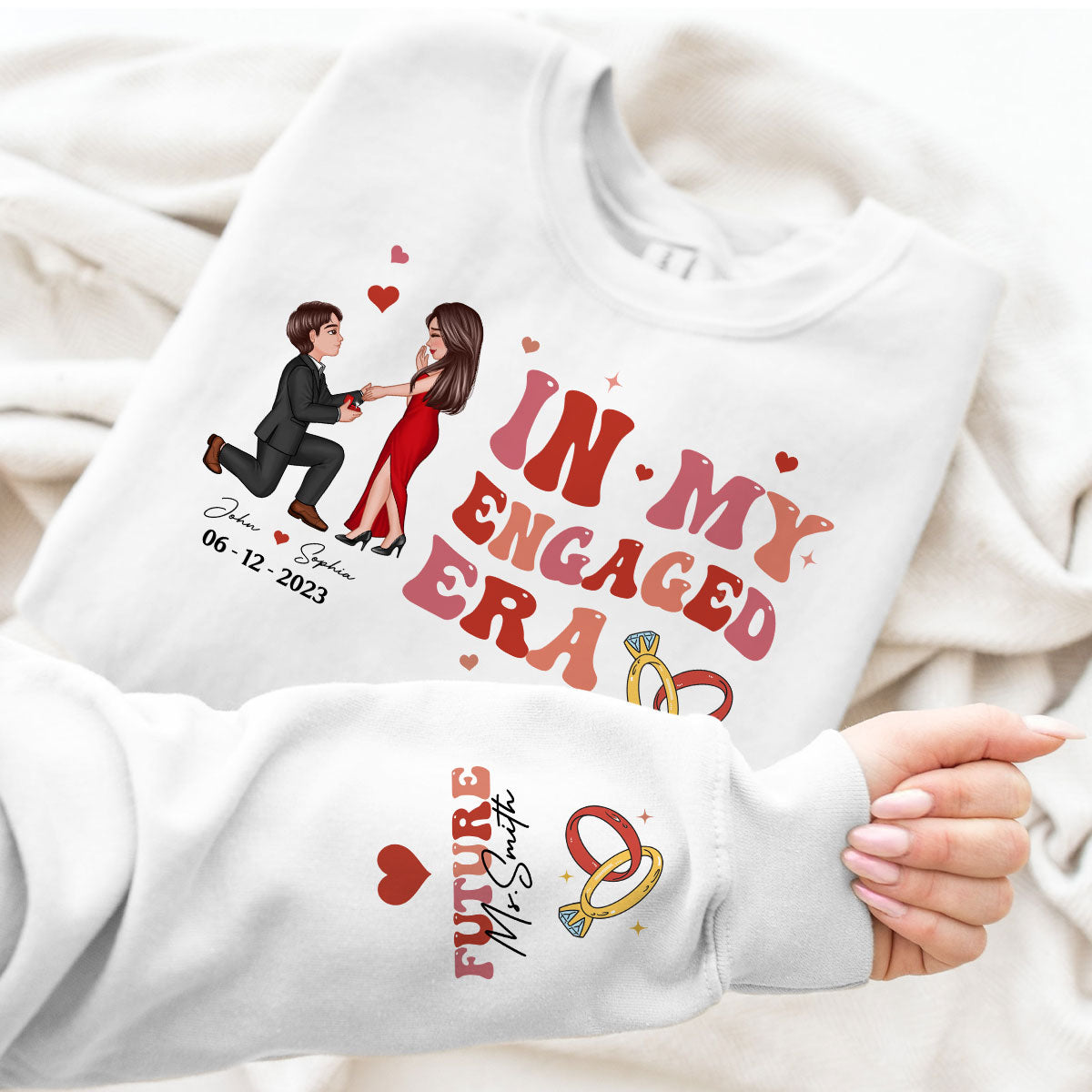 In My Engaged Era Proposing Couple Personalized Sleeved Printed Sweatshirt,  Gift, Engagement Gift For Her, Gift For The Bride-To-Be