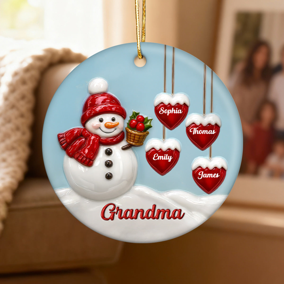 3D Effect Grandma Snowman - Personalized Ceramic Ornament - Christmas Decor For Grandma