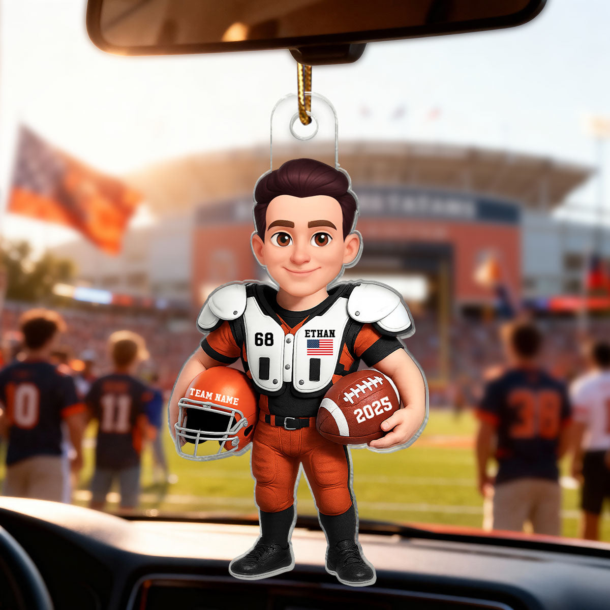 3D Effect Proud American Football Player - Personalized Acrylic Car Hanger - Gift For Football Lovers, Grandson, Son, Husband
