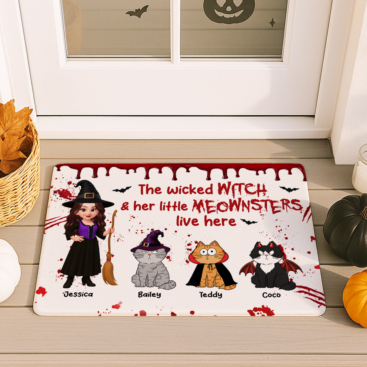 Halloween Wicked Witch And Little Monsters Cats Live Here Personalized Doormat
